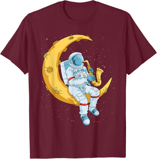 Saxophone Player Astronaut Saxophonist Moon Jazz Musician T-Shirt - T-Shirt | Maroon