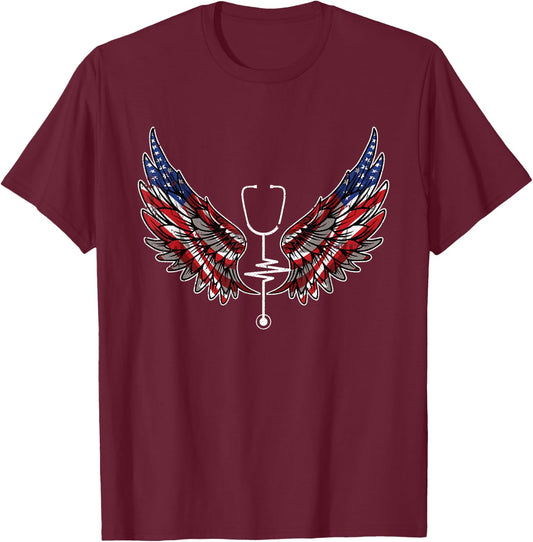 Nurse American Flag 4th Of July Wings Patriotic RN Nursing T-Shirt - T-Shirt | Maroon