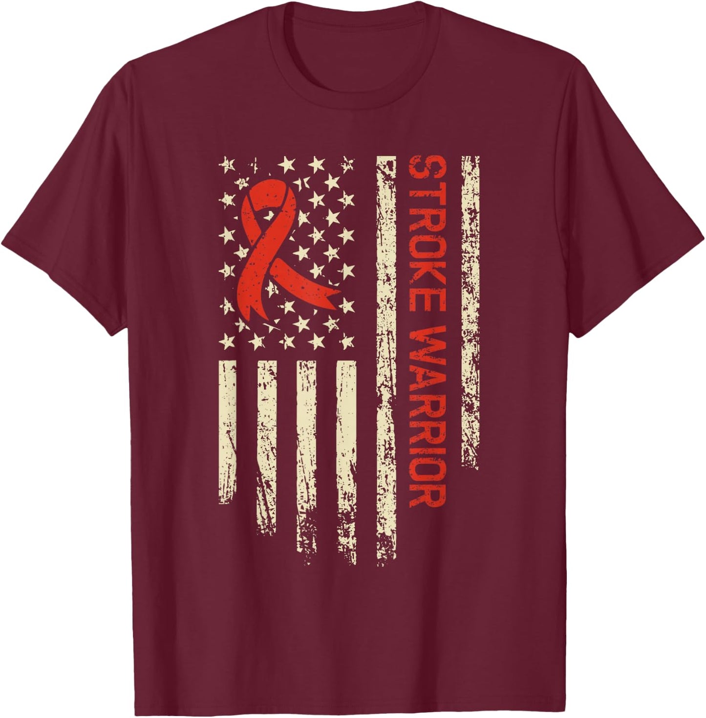 Stroke Warrior USA Flag - Red Ribbon Stroke Awareness T-Shirt - T-Shirt | Maroon