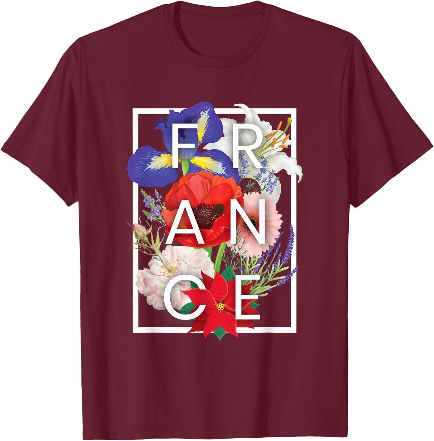 Flowers of France Word Art - French Pride T-Shirt - T-Shirt | Maroon