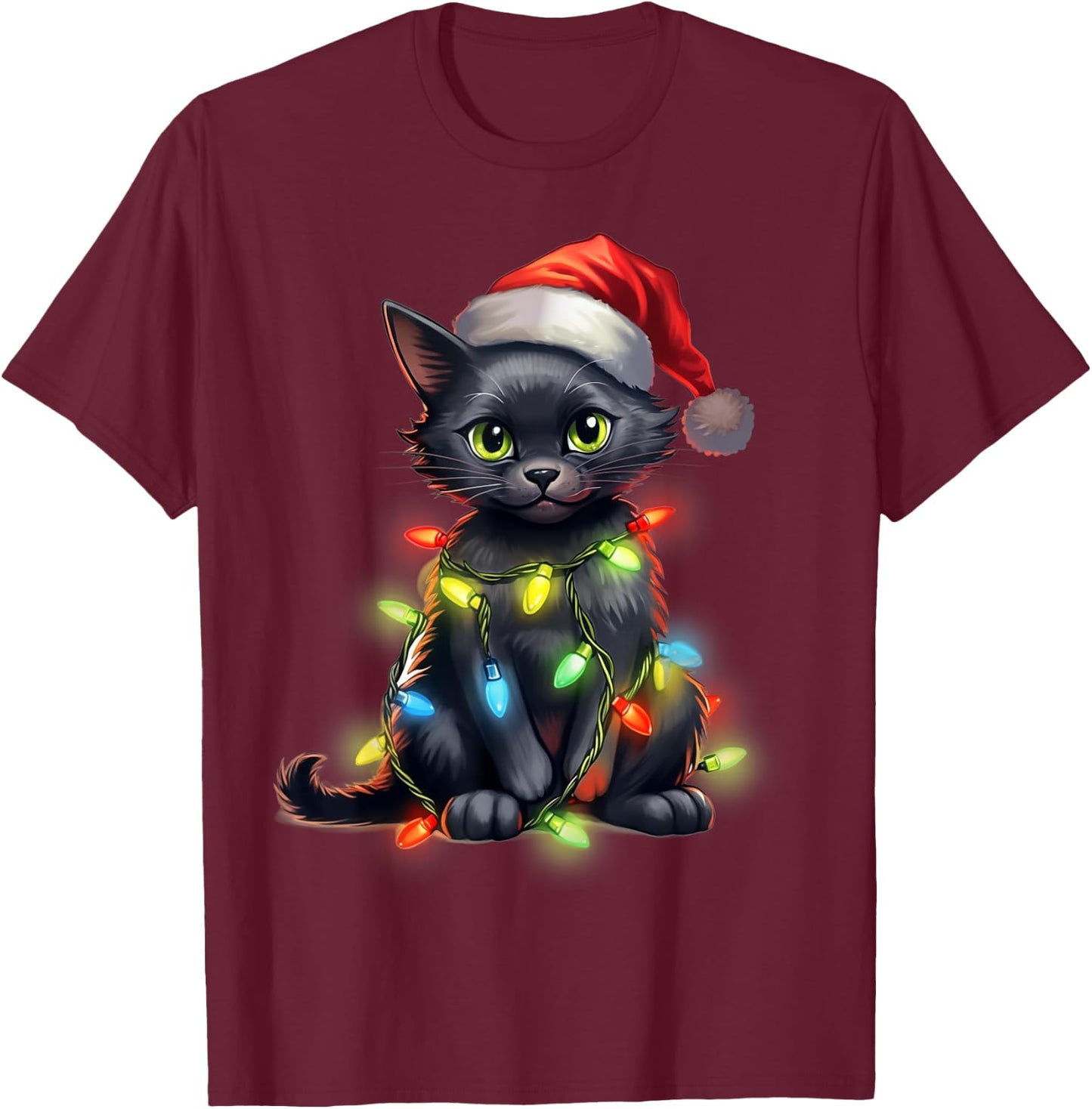 Retro Black Cat Christmas Light Funny Cat Men Women Kids T-Shirt - T-Shirt | Maroon
