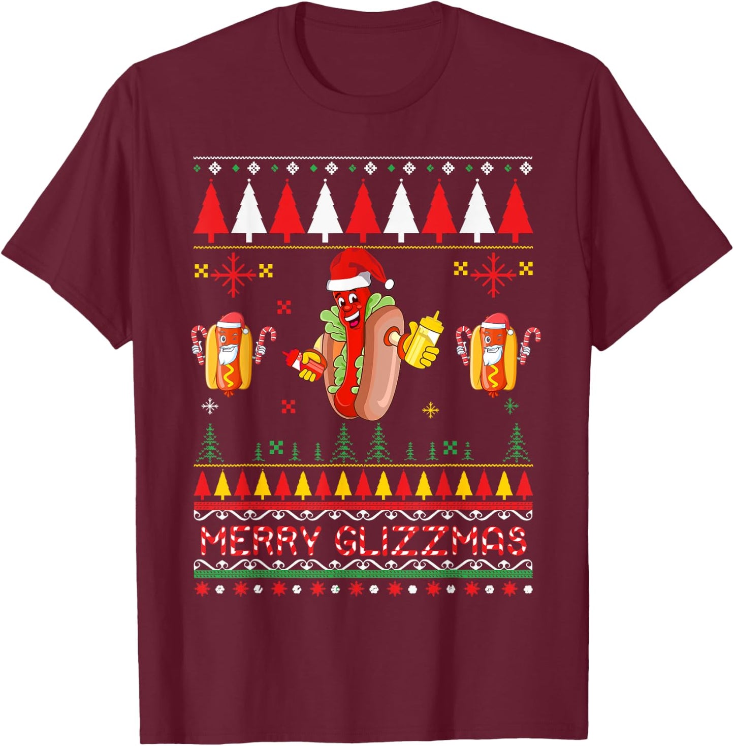 Merry Glizzmas Tacky Funny Merry Christmas Hot Dogs T-Shirt - T-Shirt | Maroon