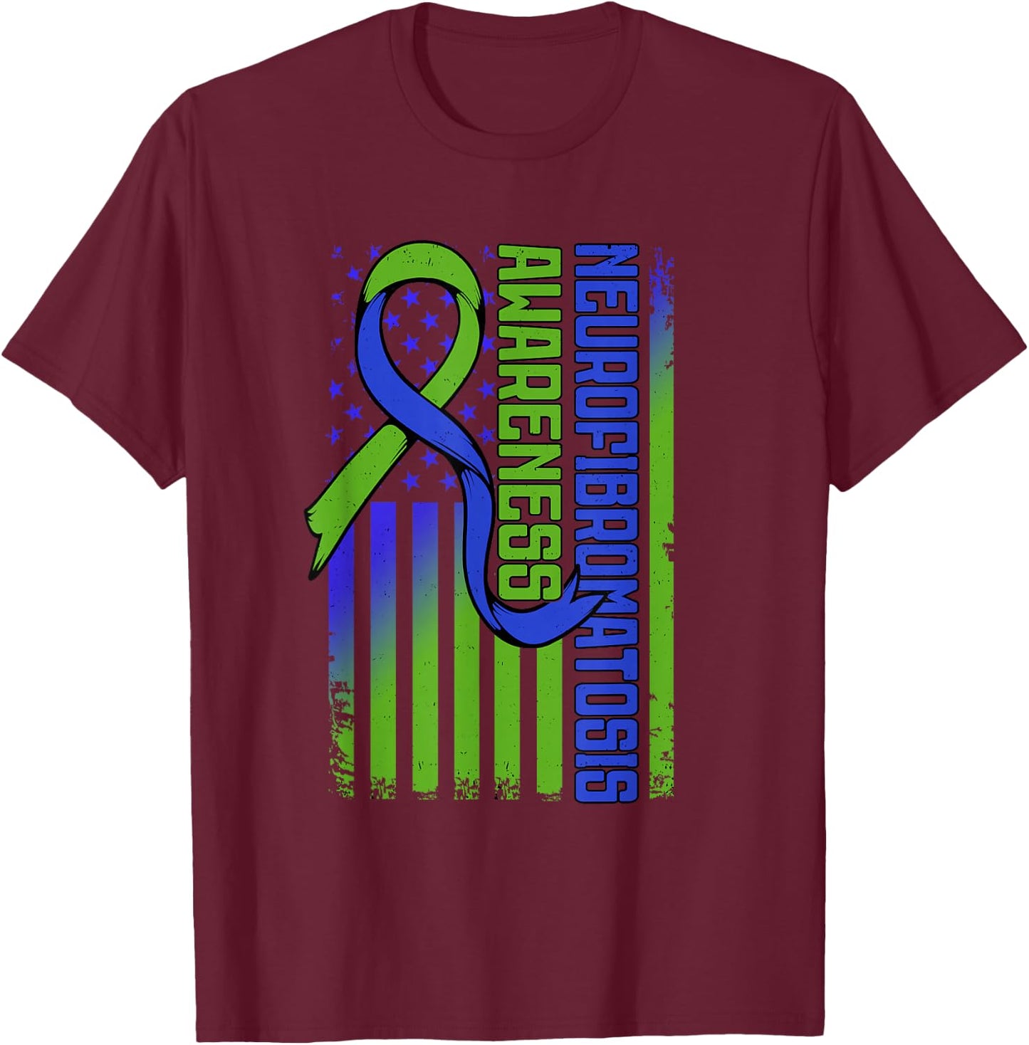 Neurofibromatosis Flag NF1 Blue and Green Ribbon Awareness T-Shirt - T-Shirt | Maroon