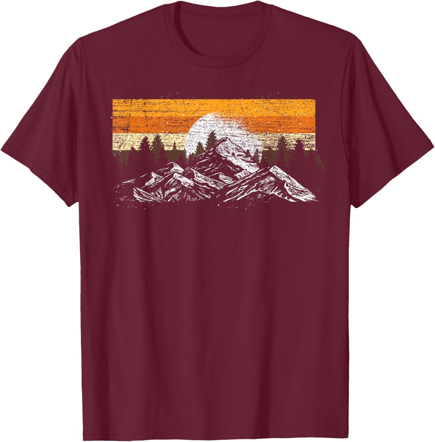 Moonlight Nature Trees Mountains Retro Hiking Forest T-Shirt - T-Shirt | Maroon