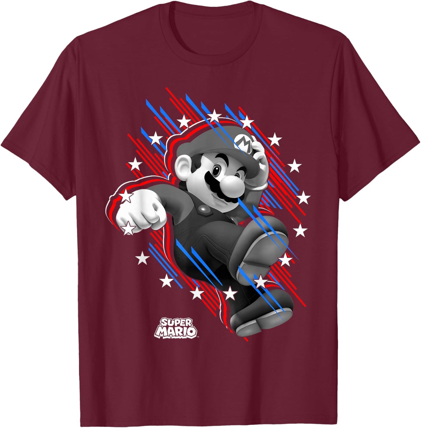 Super Mario Stars And Stripes Fast Mario Portrait T-Shirt - T-Shirt | Maroon