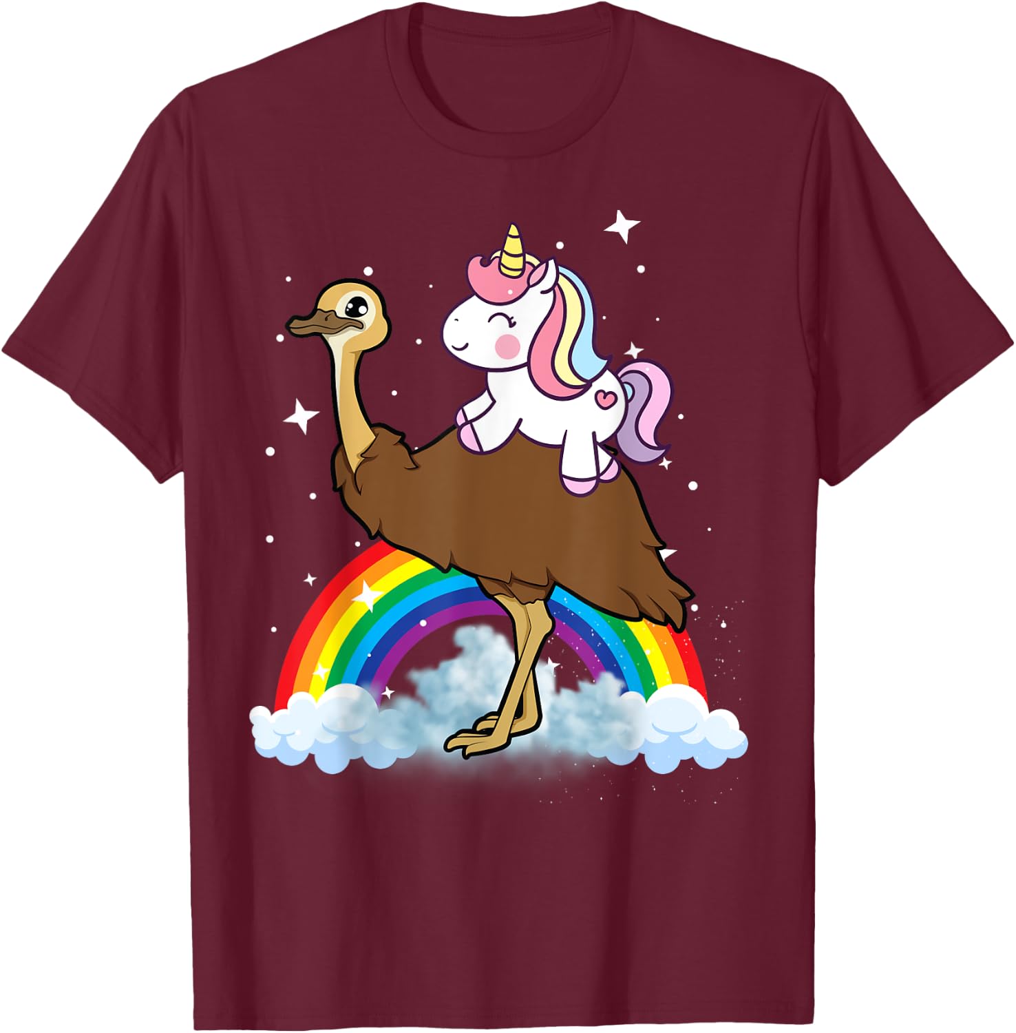 Unicorn Riding Emu Boys Girls Men Women Kids Teens Rainbow T-Shirt - T-Shirt | Maroon