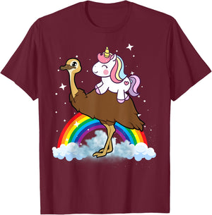 Unicorn Riding Emu Boys Girls Men Women Kids Teens Rainbow T-Shirt - T-Shirt | Maroon
