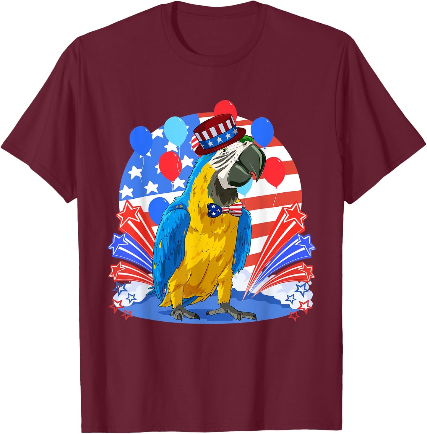 Blue And Yellow Macaw Merica 4th of July American Flag Women Kids Men T-Shirt - T-Shirt | Maroon
