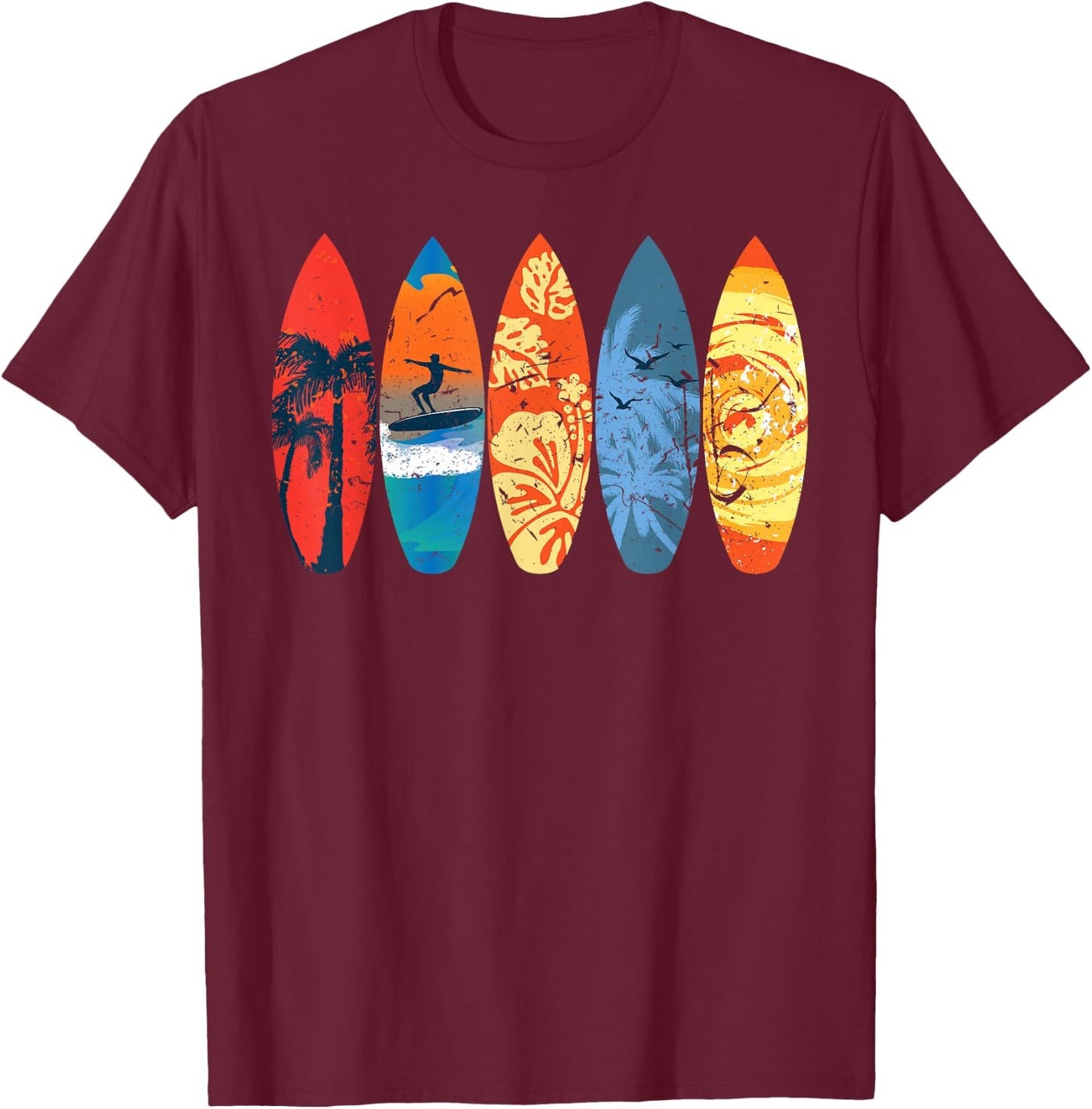 Surfing Surfer Palm Tree Surfboard Sunset Wave T-Shirt - T-Shirt | Maroon