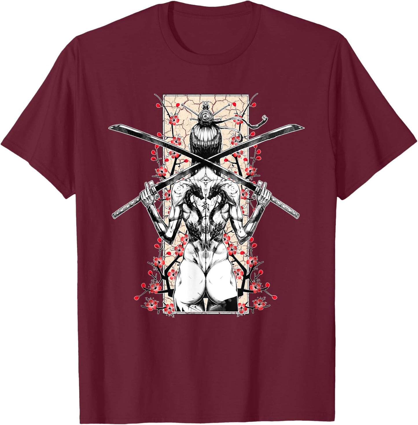 Japanese Samurai Girl and Vintage Sakura Cherry Blossom Gift T-Shirt - T-Shirt | Maroon