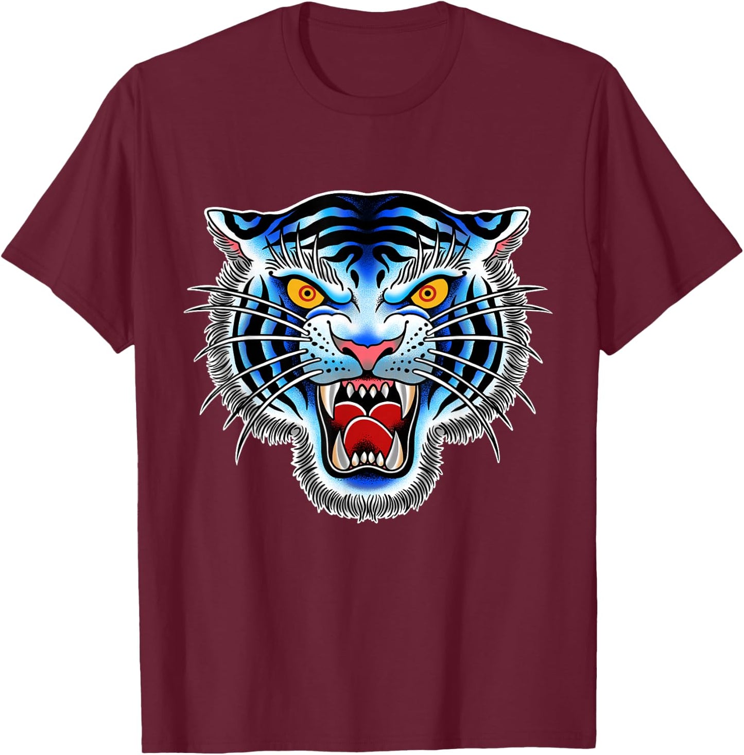 White Tiger Head Tattoo, Traditional Tattoo Graphic T-Shirt - T-Shirt | Maroon