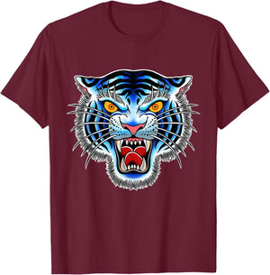 White Tiger Head Tattoo, Traditional Tattoo Graphic T-Shirt - T-Shirt | Maroon