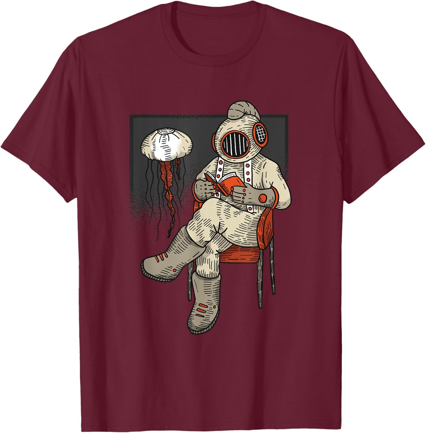 Retro Diver Reading a Book - Diving Gift T-Shirt - T-Shirt | Maroon