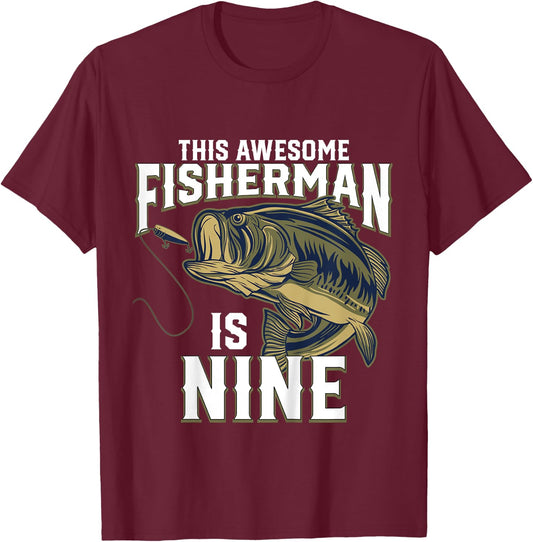 Kids 9 Year Old Fishing Birthday Party Fisherman 9th Gift Boy T-Shirt - T-Shirt | Maroon