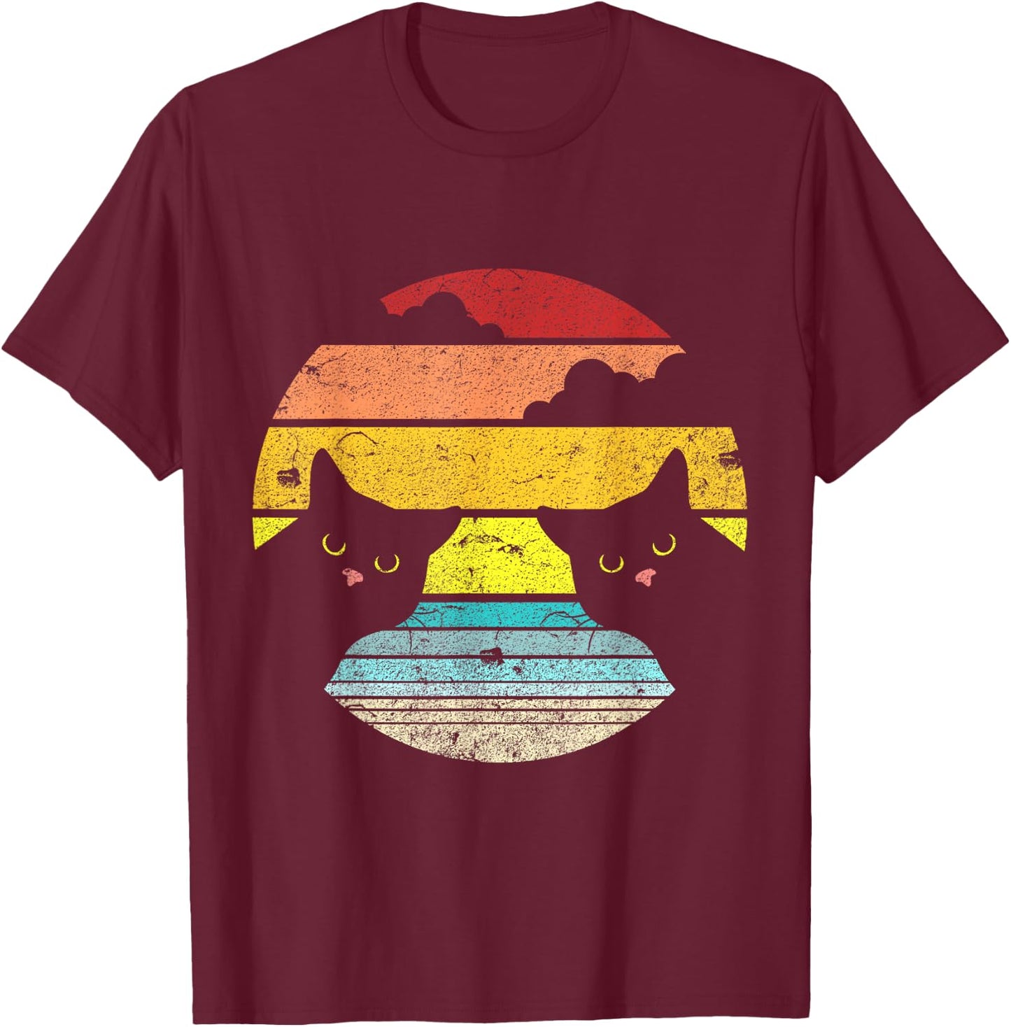 Two Cats Staring Vintage Sunset Retro Style Cat T-Shirt - T-Shirt | Maroon