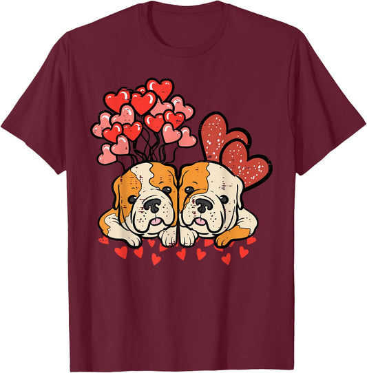 Valentines Day Dogs English Bulldogs Hearts Women Kids Men T-Shirt - T-Shirt | Maroon