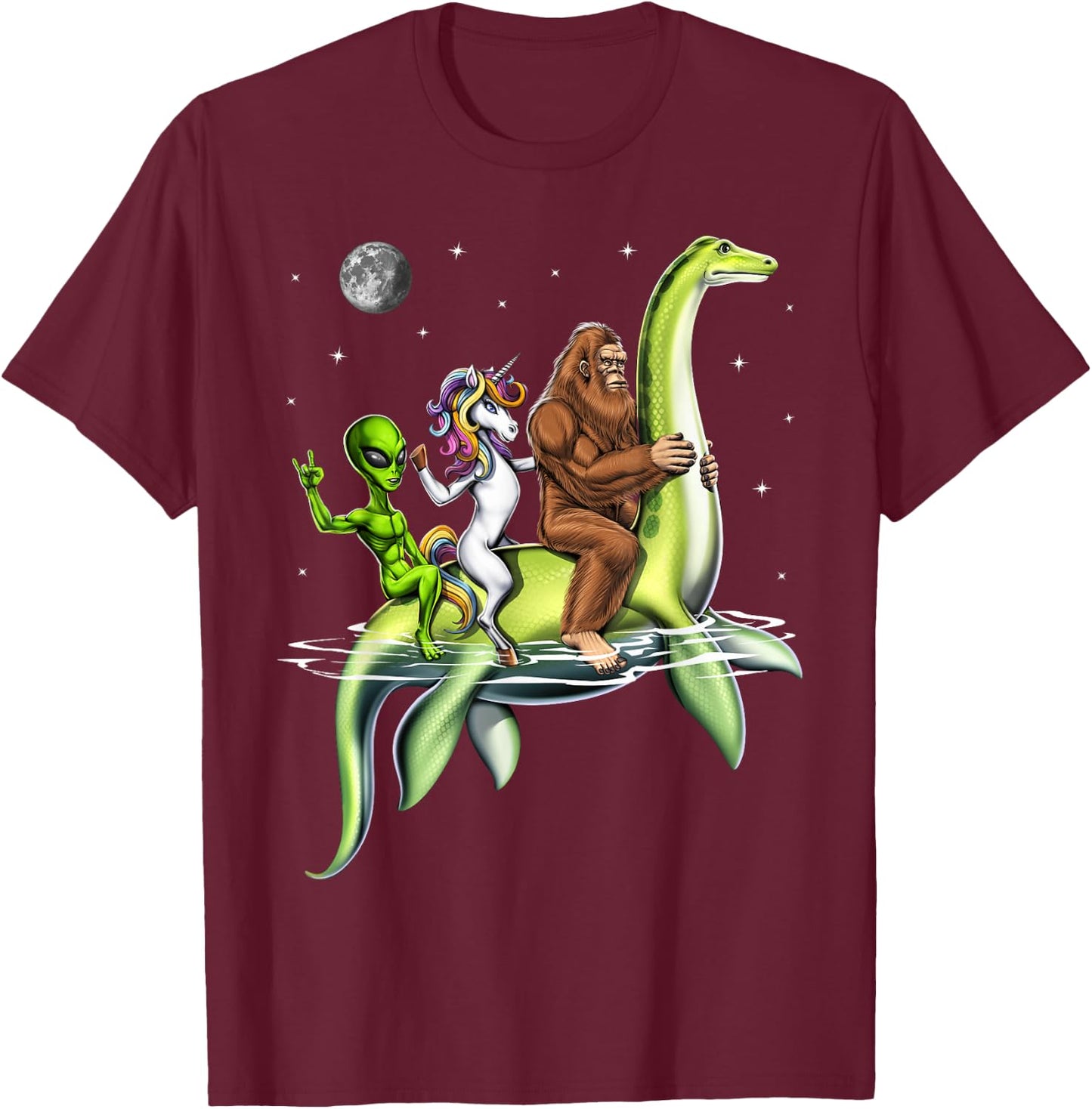 Cryptids Bigfoot Alien Unicorn Riding Loch Ness Monster T-Shirt - T-Shirt | Maroon