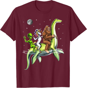 Cryptids Bigfoot Alien Unicorn Riding Loch Ness Monster T-Shirt - T-Shirt | Maroon