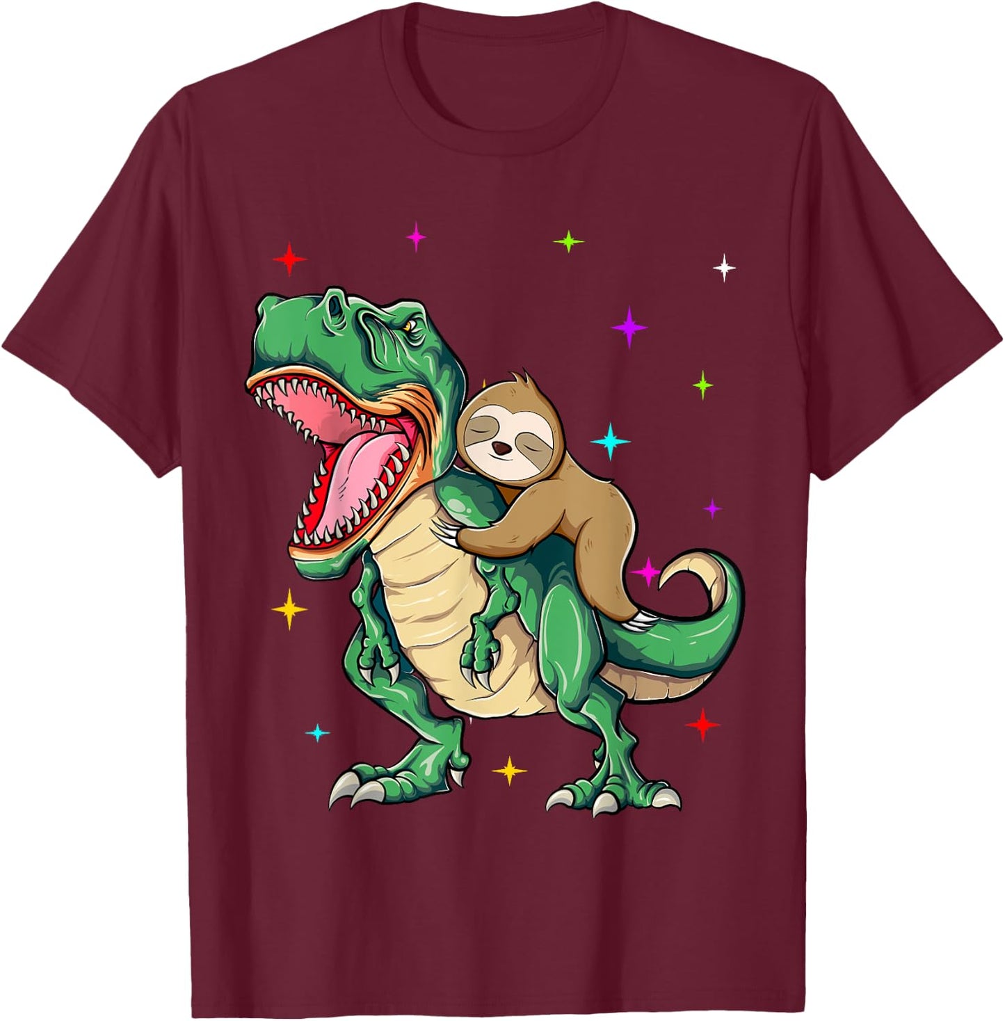 Funny Sloth Riding a T-Rex Dinosaur T-Shirt - T-Shirt | Maroon