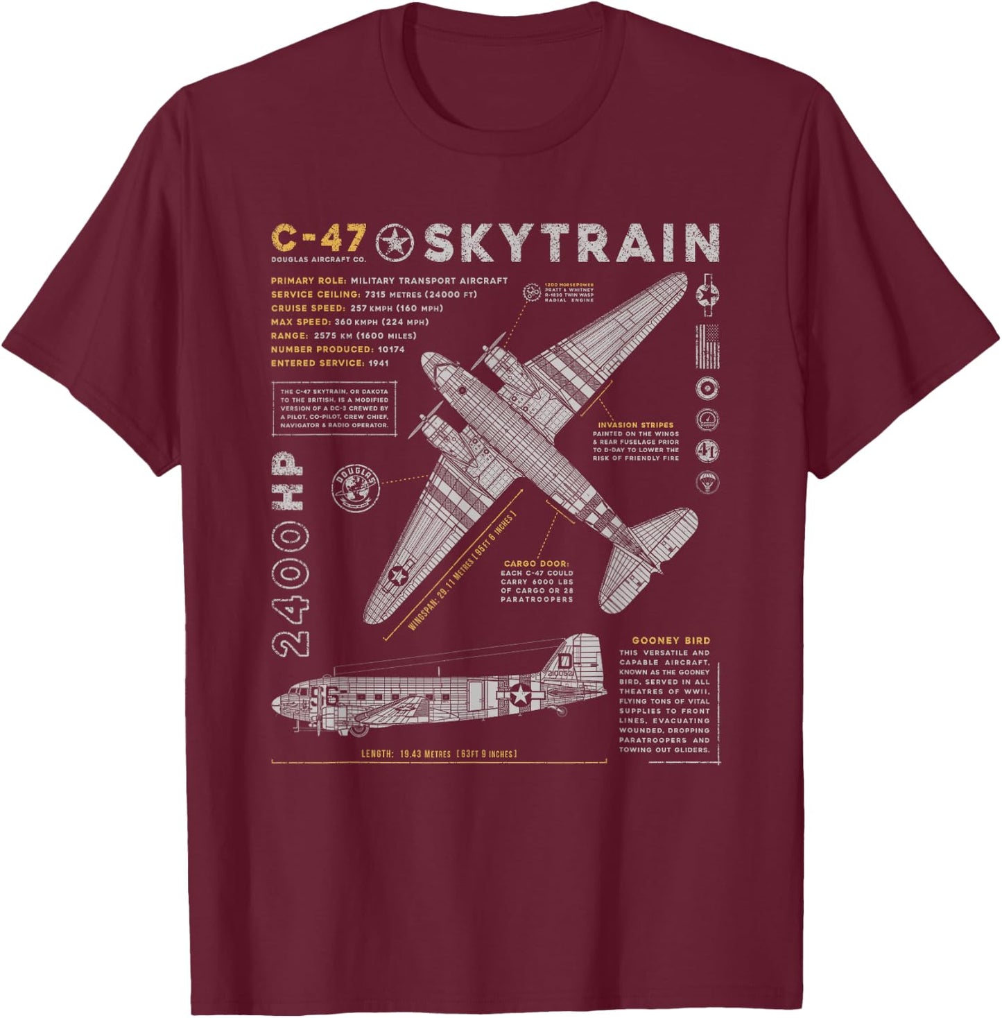 C-47 Skytrain | C47 Douglas Dakota WWII Transport Aircraft T-Shirt - T-Shirt | Maroon