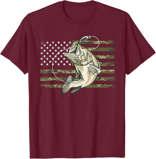 Fishing Camouflage US American Flag Bass Fish Fisherman Camo T-Shirt - T-Shirt | Maroon