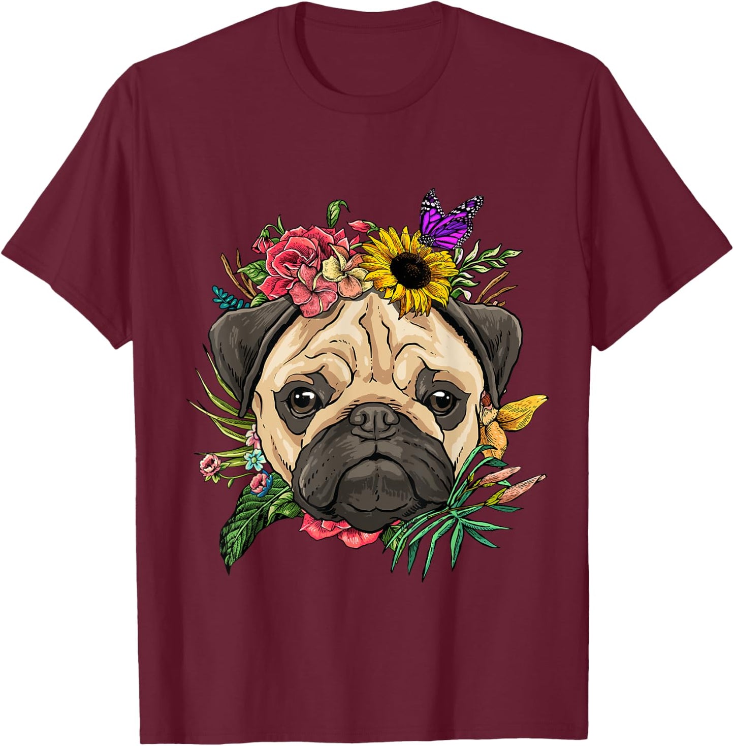 Pug Shirt Dog Pug Face Flower Pug Lovers Owners Pug Mom Dad T-Shirt - T-Shirt | Maroon