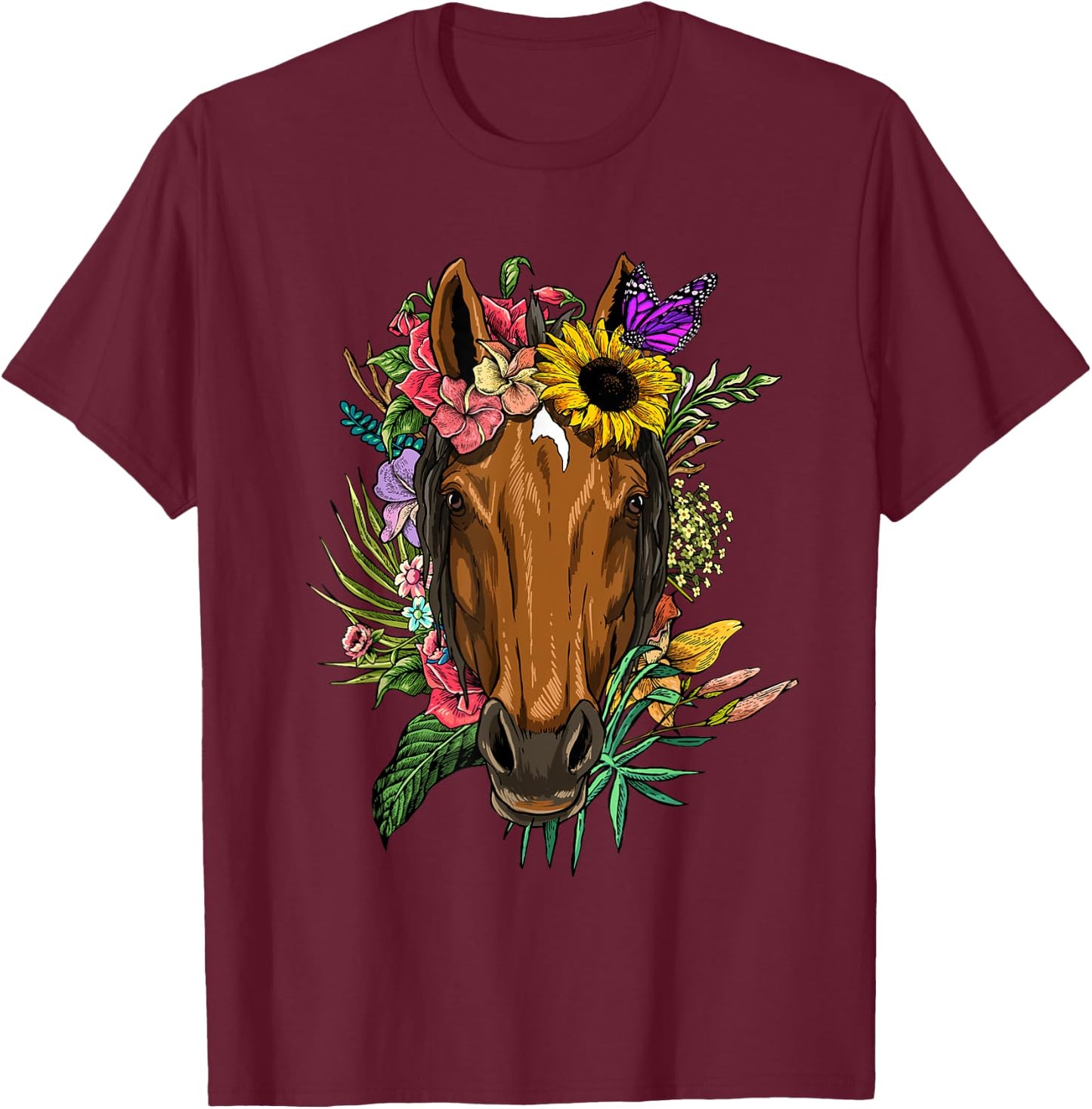 Floral Horse Spring Nature Horse Lovers & Men T-Shirt - T-Shirt | Maroon