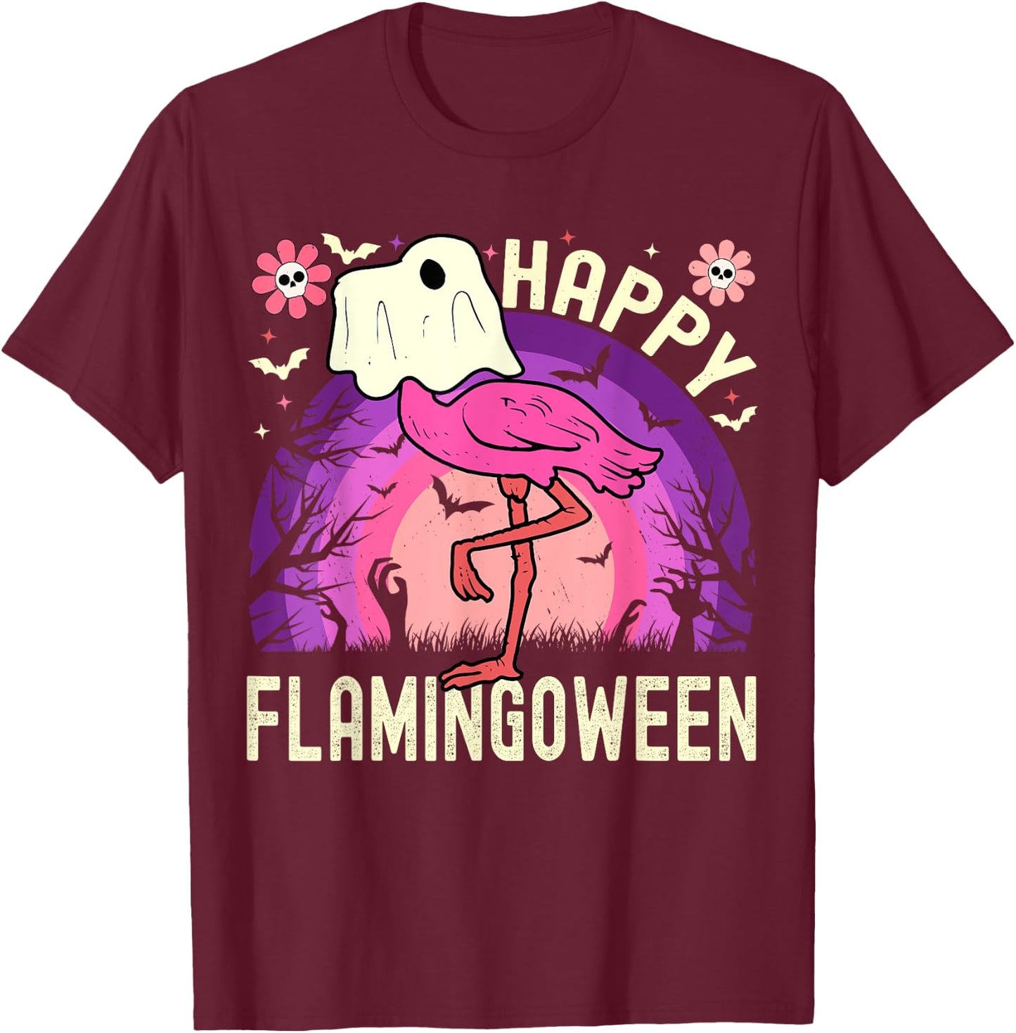 Happy Flamingoween Funny Flamingo Ghost Retro Halloween T-Shirt - T-Shirt | Maroon