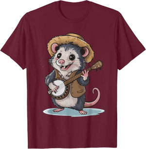Opossum Playing Banjo T-Shirt - T-Shirt | Maroon