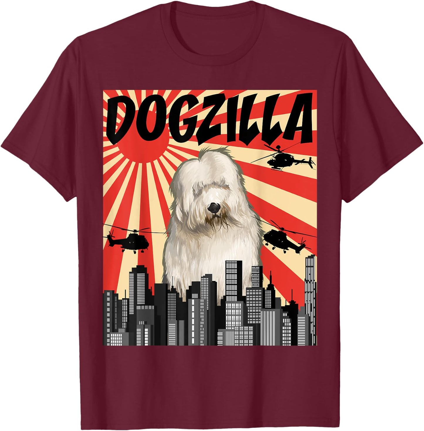 Funny Retro Japanese Dogzilla Old English Sheepdog T-Shirt - T-Shirt | Maroon