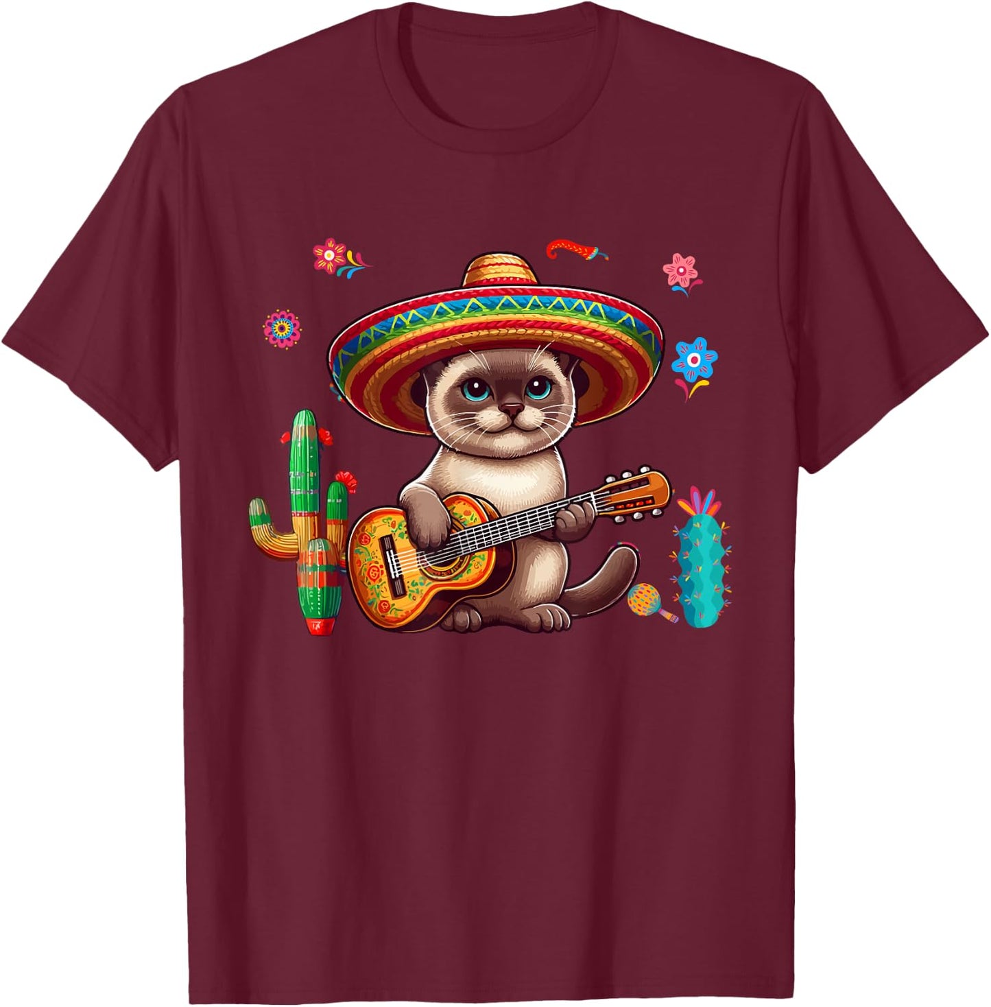 Siamese Cat Sombrero Mexican Guitar Cinco De Mayo Owner Men Women Kids T-Shirt - T-Shirt | Maroon