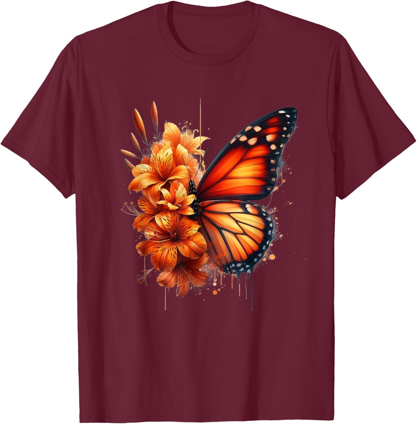 Butterfly Flowers Floral Vintage Tiger Lily Monarch Orange T-Shirt - T-Shirt | Maroon