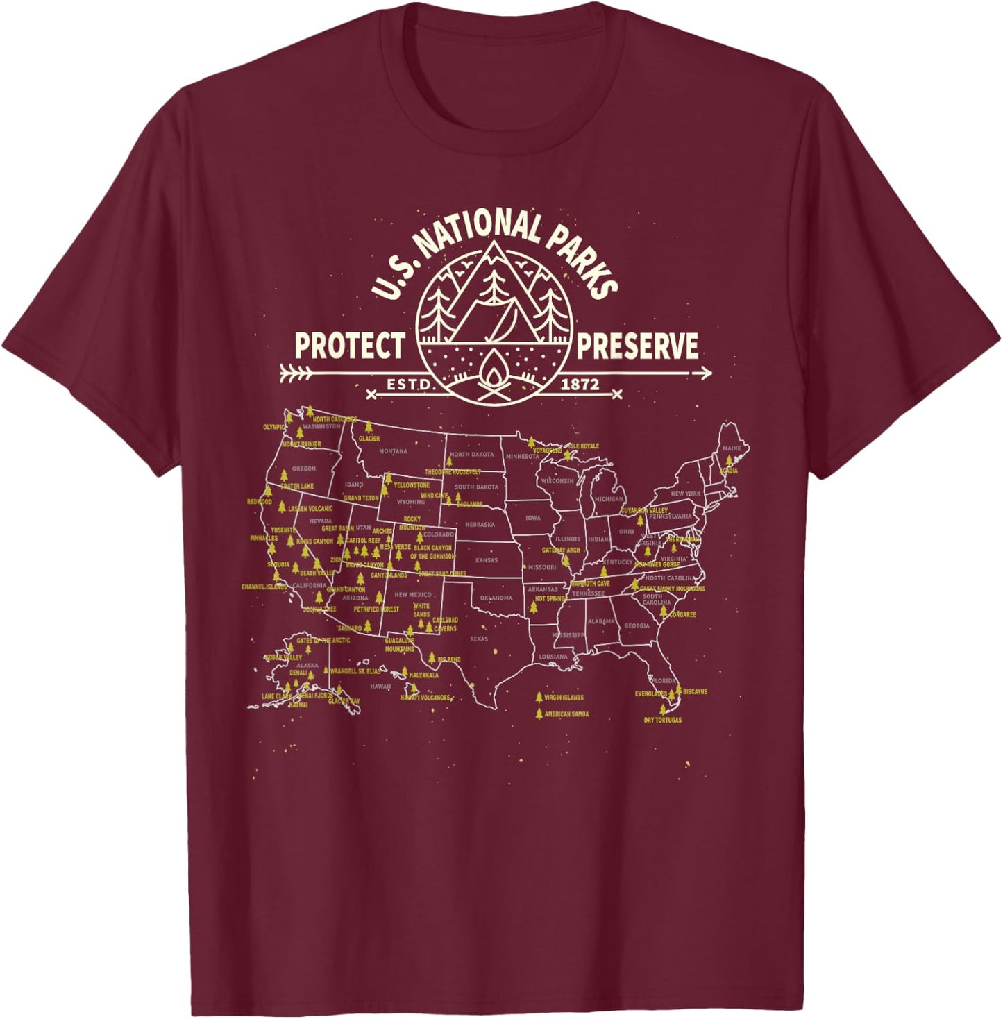 U.S. National Park Camping - All 63 US National Parks Map T-Shirt - T-Shirt | Maroon