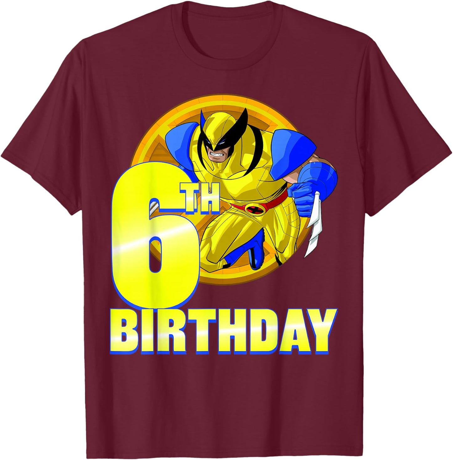 Marvel X-Men Wolverine 6th Birthday Badge T-Shirt - T-Shirt | Maroon