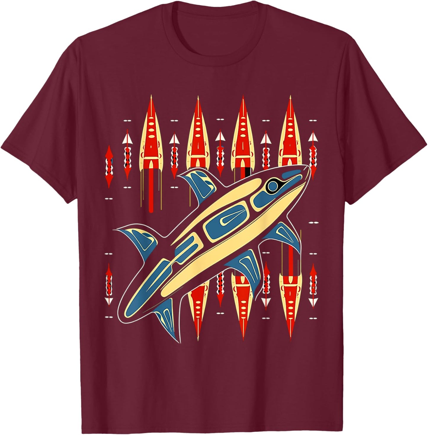 Orca Fish in Salish Coast Native American Art Style T-Shirt - T-Shirt | Maroon