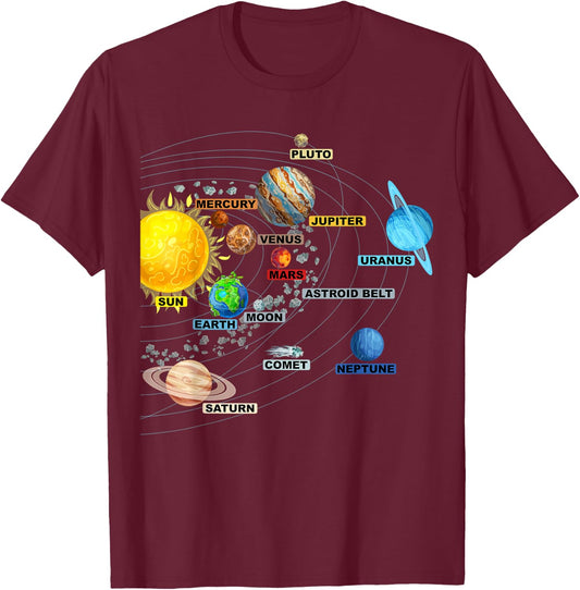 Solar System Planets - Astronomy Space Science - Girls Boys T-Shirt - T-Shirt | Maroon