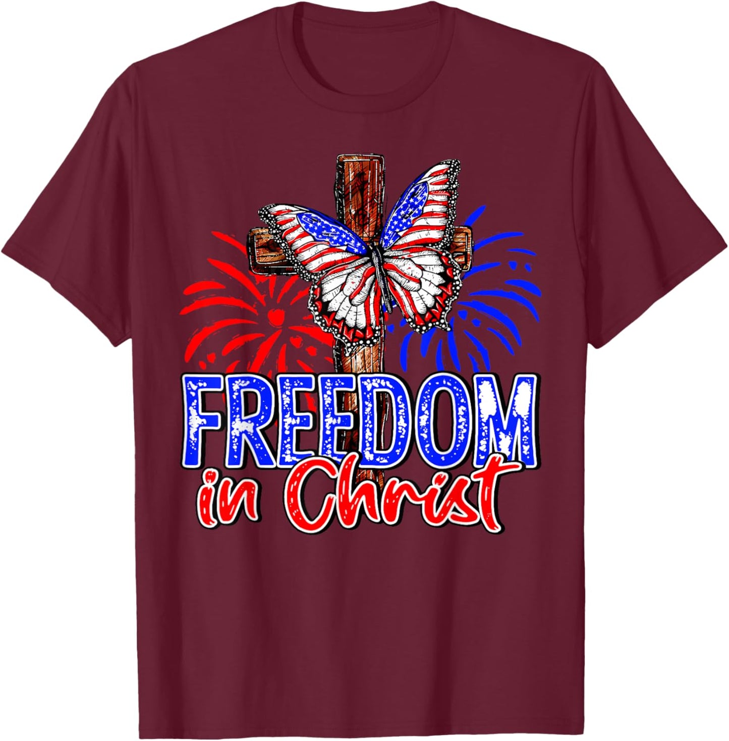 Patriotic Firework Faith Freedom In Christ Cross Butterfly Kids Men T-Shirt - T-Shirt | Maroon