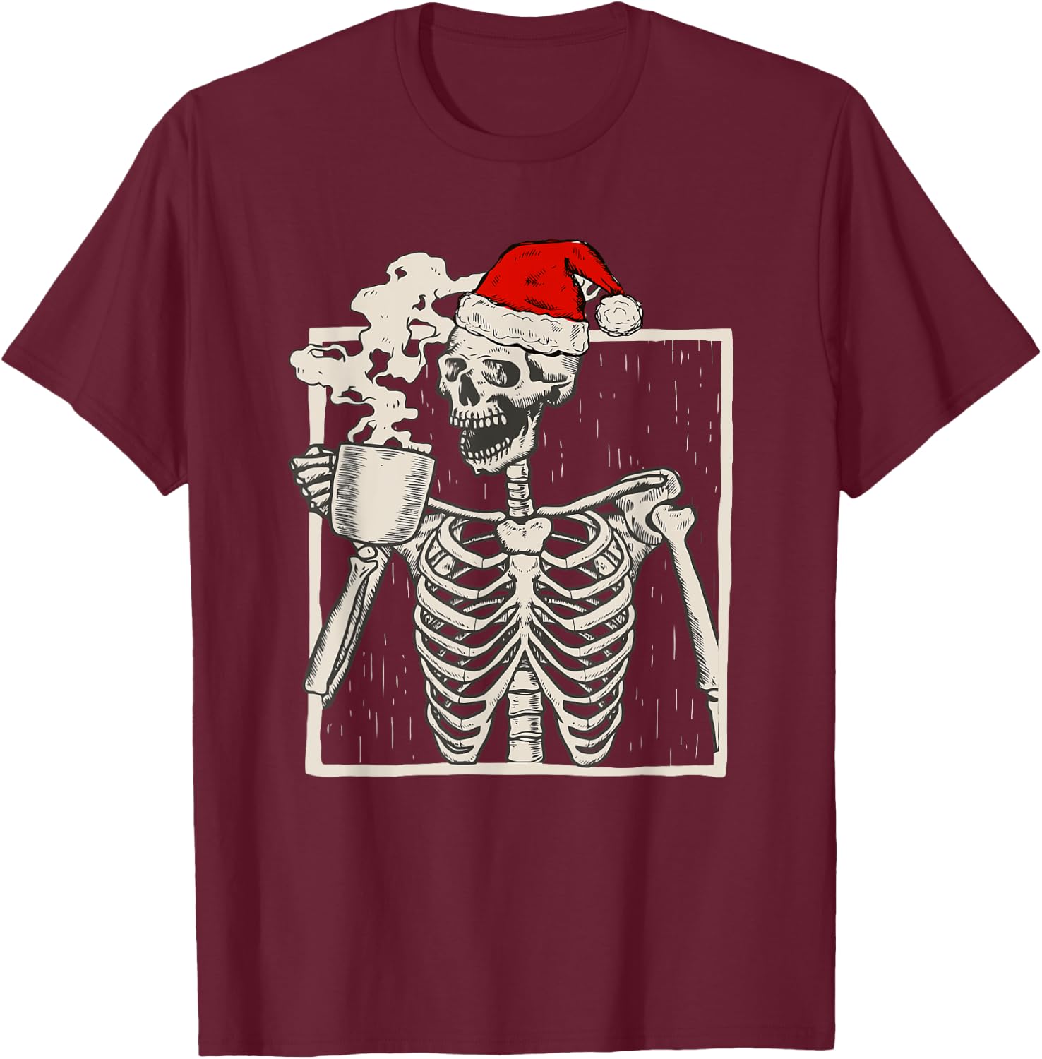 Christmas Skeleton With Smiling Skull Drinking Coffee Latte T-Shirt - T-Shirt | Maroon