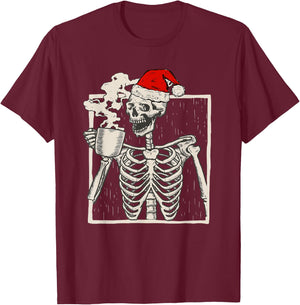 Christmas Skeleton With Smiling Skull Drinking Coffee Latte T-Shirt - T-Shirt | Maroon