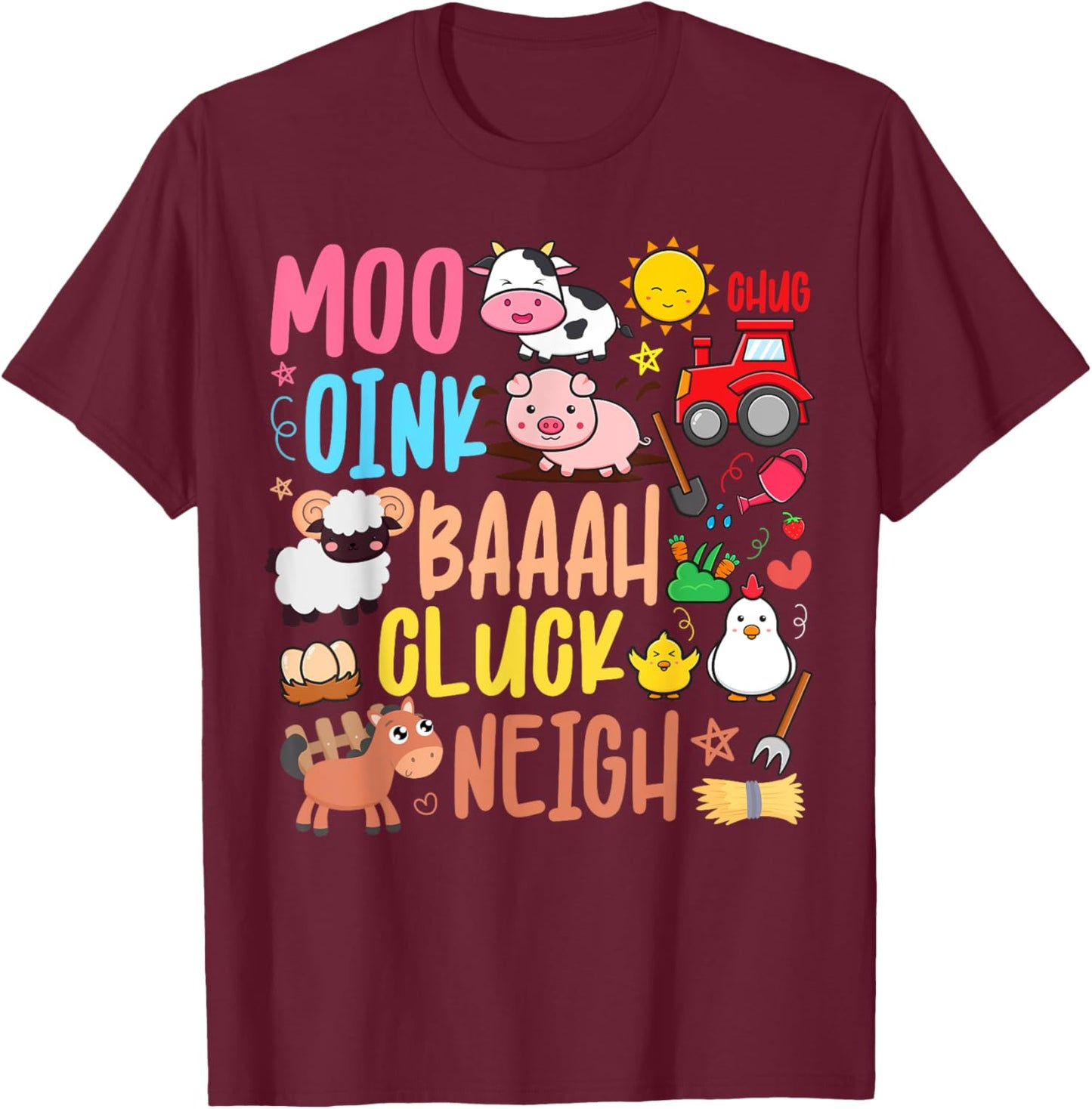 Farm Animals Sounds Oink Baa Neigh Cluck Moo Kids Farmer T-Shirt - T-Shirt | Maroon