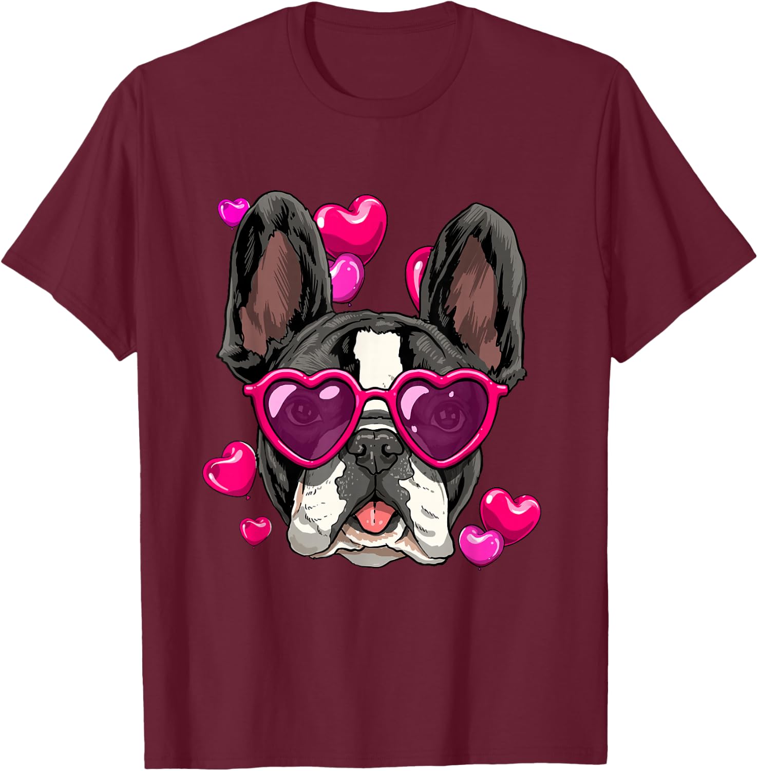 Valentine's Day French Bulldog With Heart Glasses Frenchie T-Shirt - T-Shirt | Maroon