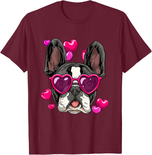 Valentine's Day French Bulldog With Heart Glasses Frenchie T-Shirt - T-Shirt | Maroon