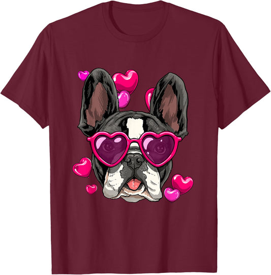 Valentine's Day French Bulldog With Heart Glasses Frenchie T-Shirt - T-Shirt | Maroon