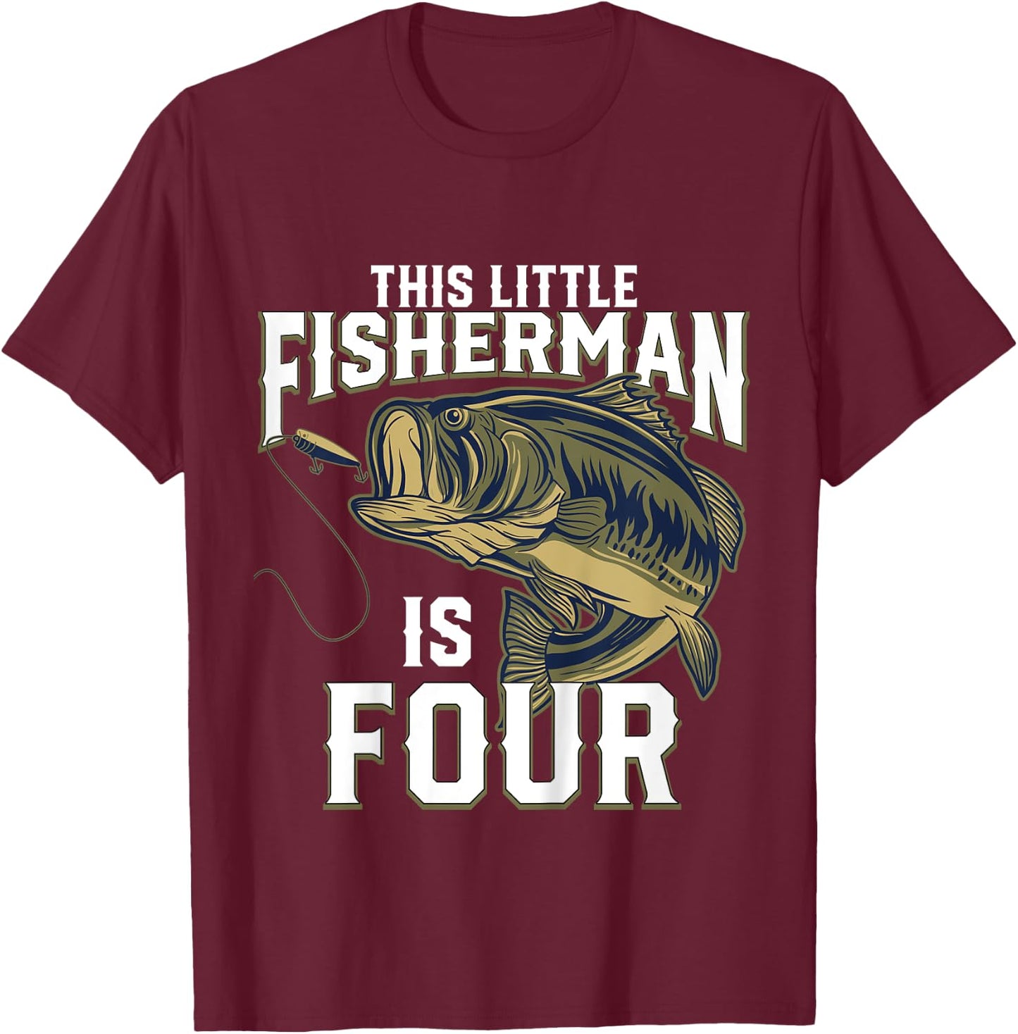Kids 4 Year Old Fishing Birthday Party Fisherman 4th Gift Boy T-Shirt - T-Shirt | Maroon