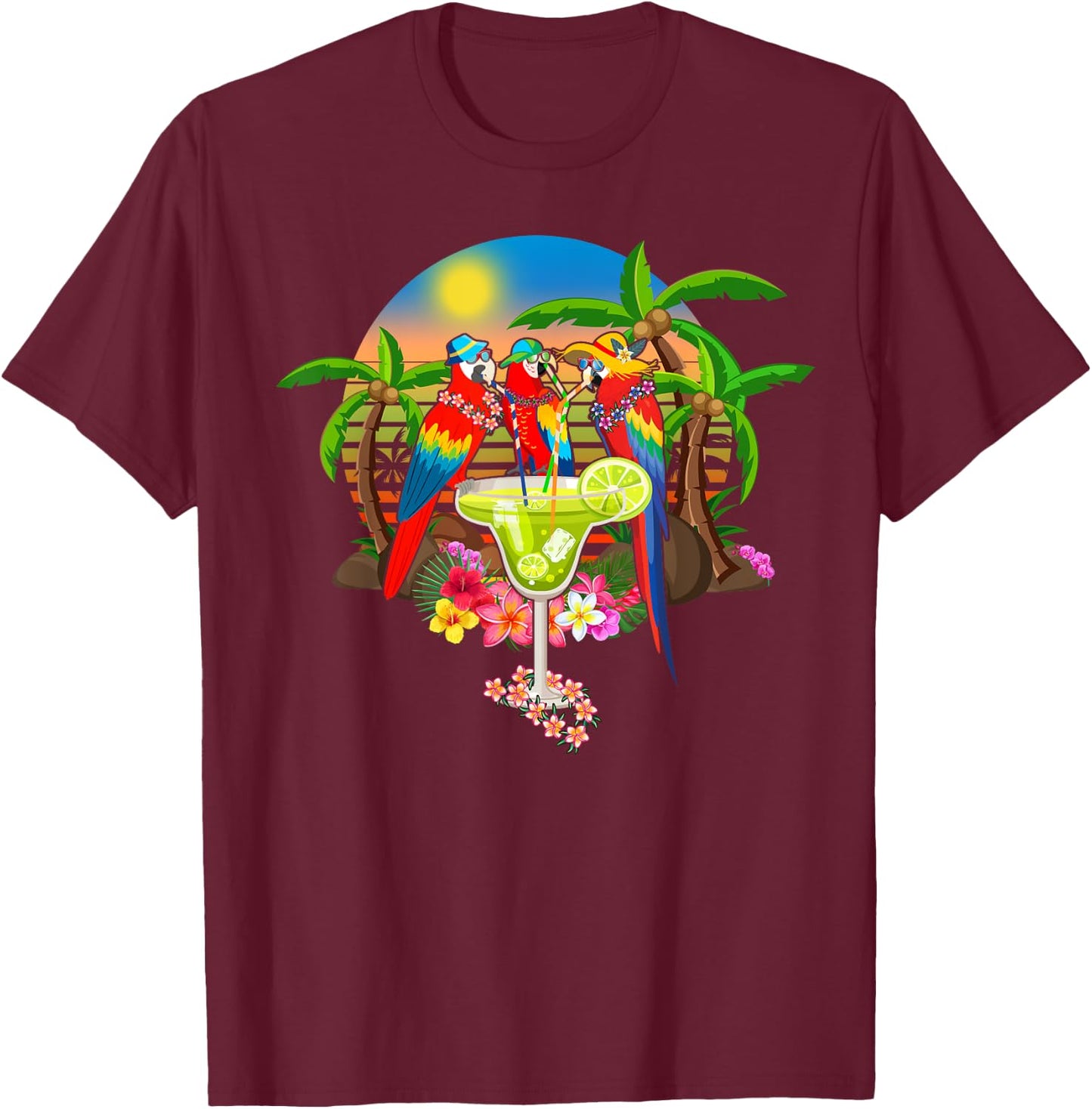 Parrots Drinking Margarita On Summer Vacation Birds Fun Men Women T-Shirt - T-Shirt | Maroon