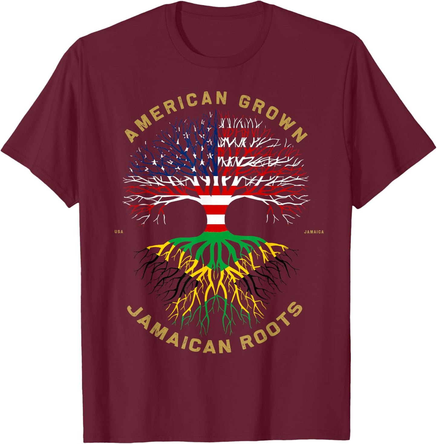 American Grown With Jamaican Roots Tree Vintage USA Flag T-Shirt - T-Shirt | Maroon