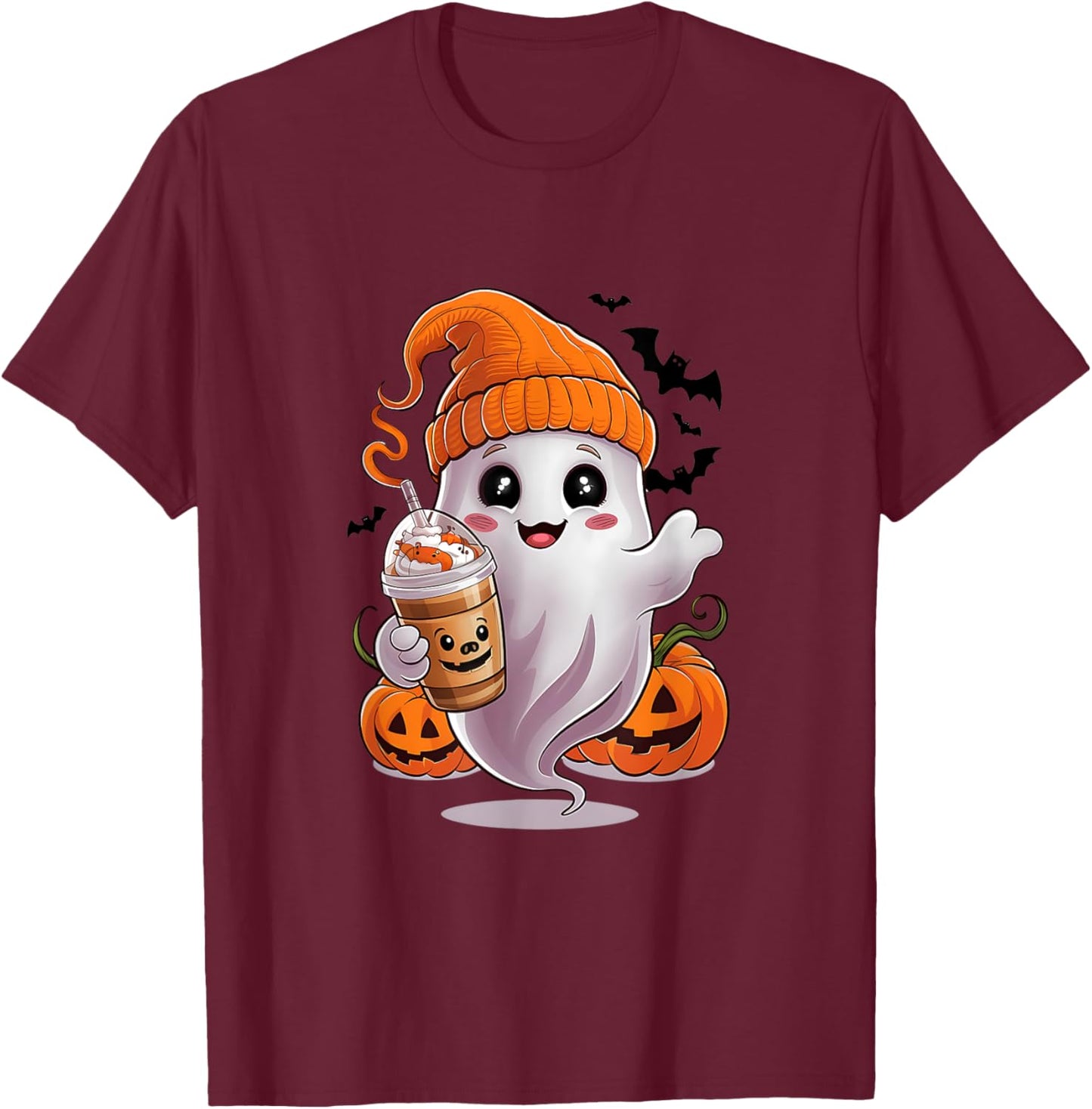 Cute Ghost Drinking Coffee Halloween Ghost Coffee T-Shirt - T-Shirt | Maroon