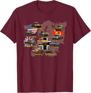 Top Ten Best WW2 Tanks M4 Sherman Panzer IV Tiger II T-34 T-Shirt - T-Shirt | Maroon