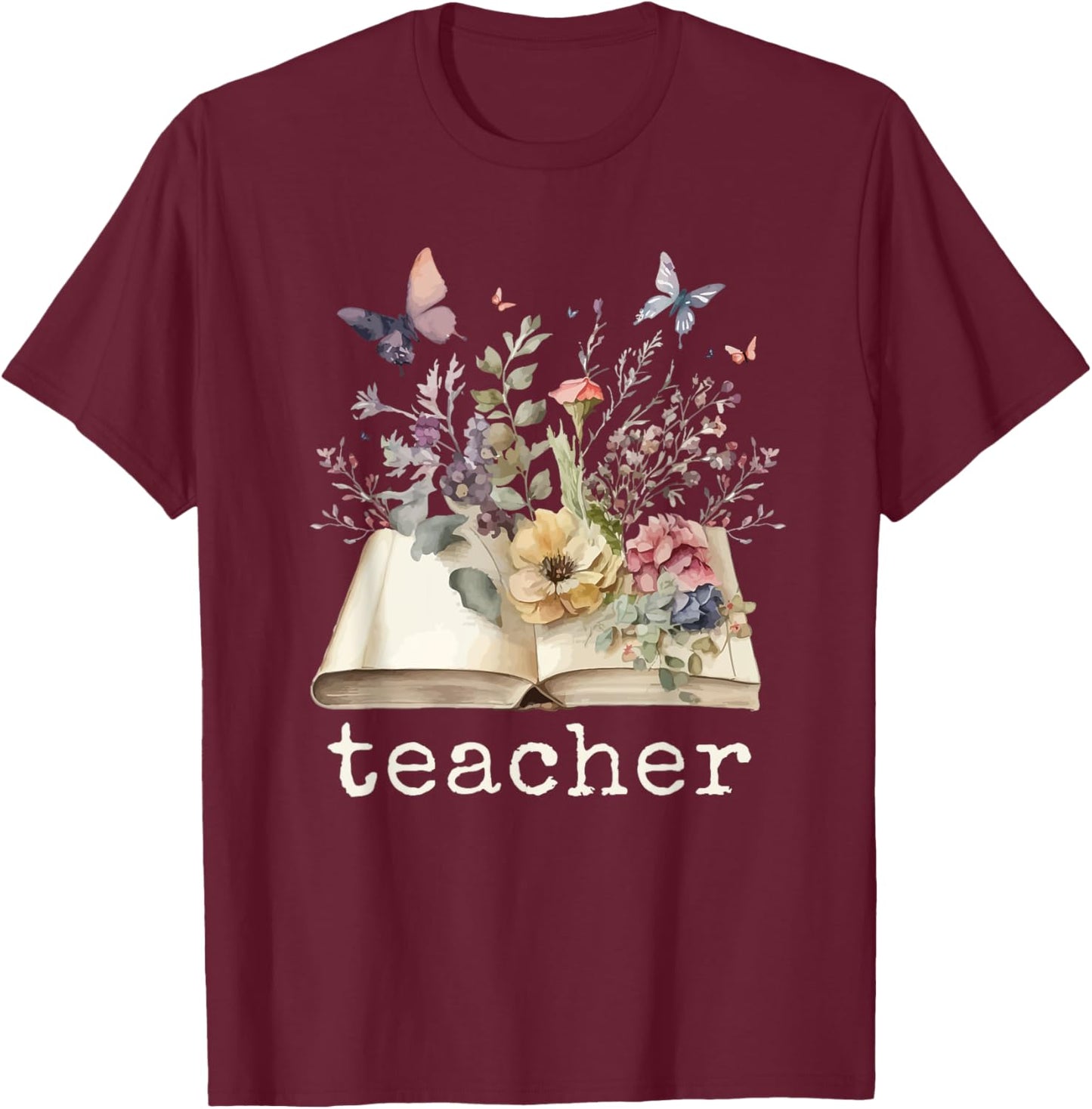 Beautiful Floral Open Book Teacher Men Women T-Shirt - T-Shirt | Maroon