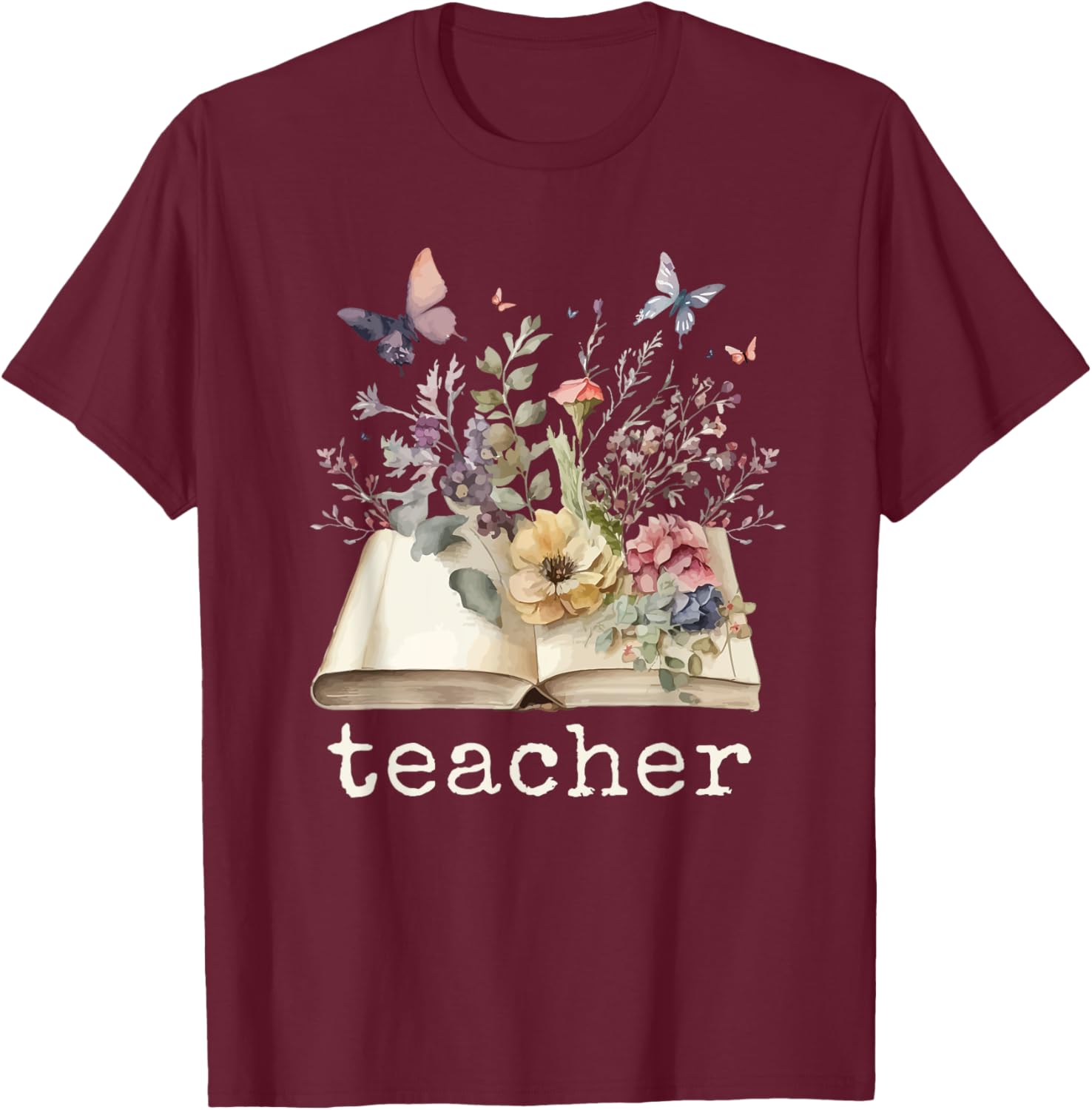Beautiful Floral Open Book Teacher Men Women T-Shirt - T-Shirt | Maroon